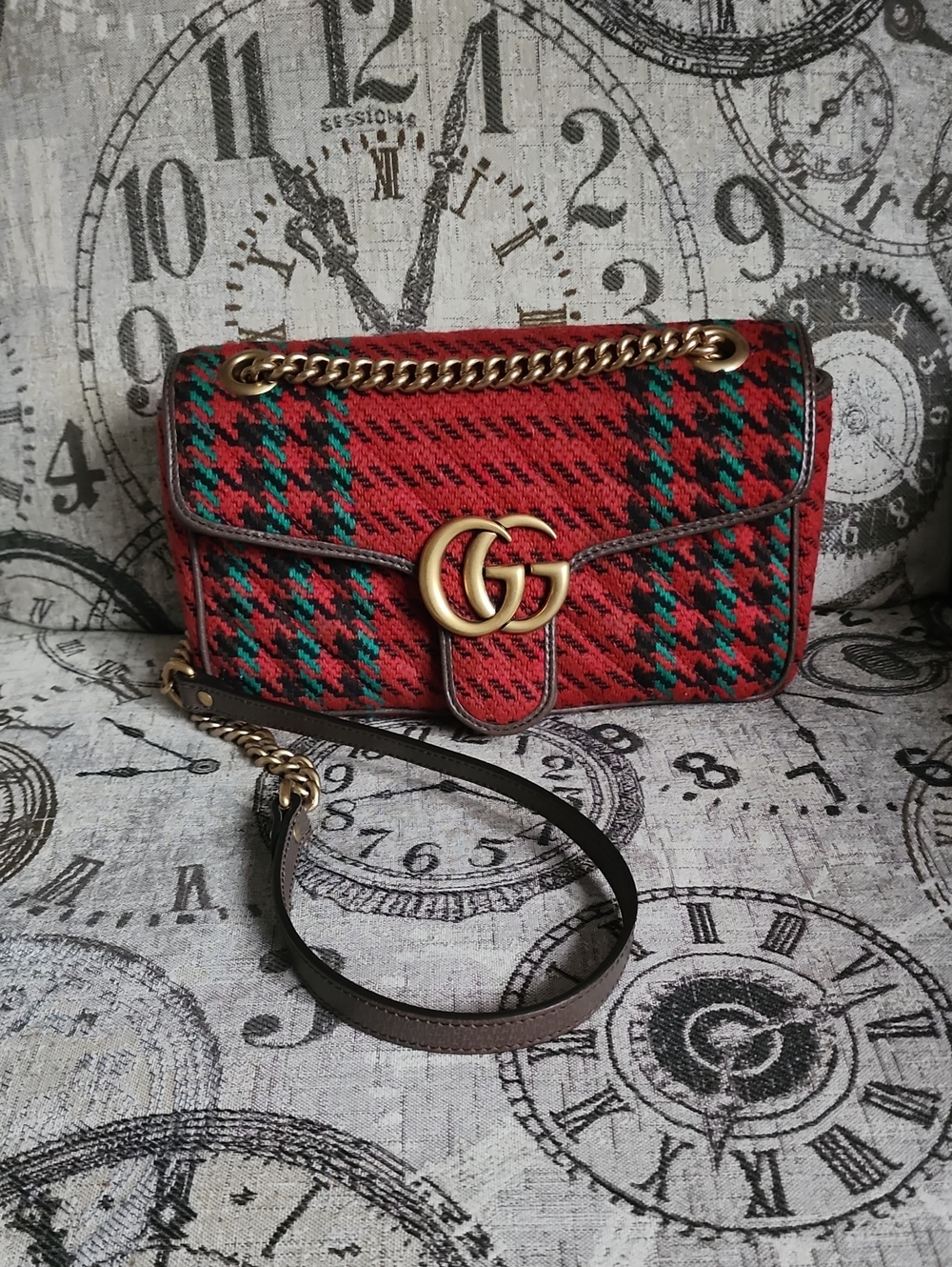 Authentic New Gucci Marmont Red Houndstooth Shoulder Bag/Dust Bag Approx10.5x6.5